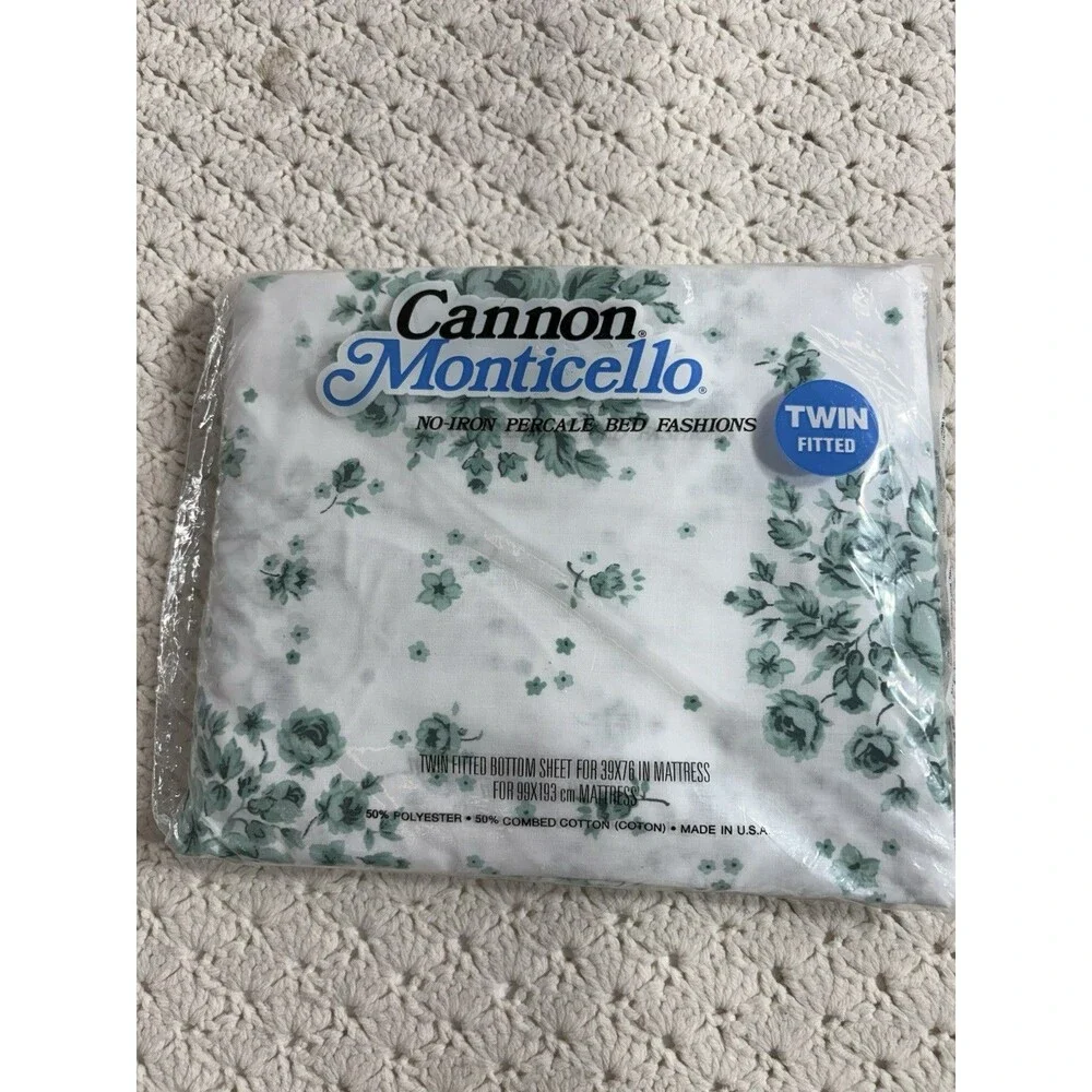 Vintage Cannon Monticello Twin Fitted Sheet 2 Pillowcases White Green Floral USA